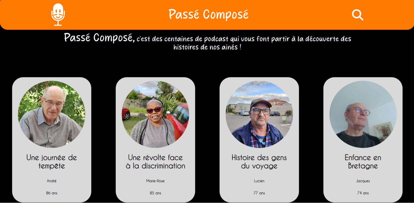 La page d'accueil du site Passé Composé, avec une barre de recherche et quatre histoires
