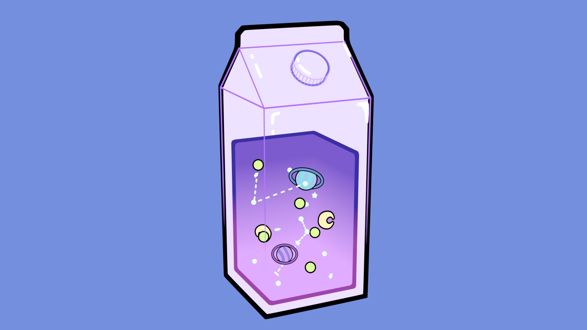 Une brique de jus contenant un fluide rempli d'étoiles et de planètes