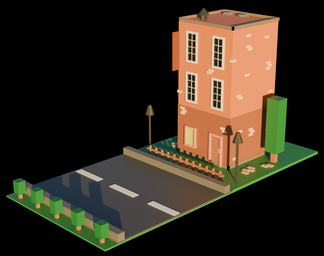 Un immeuble devant une route en low poly