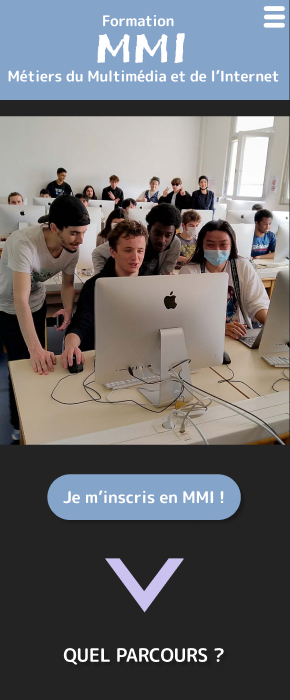 Page d'accueil du site du BUT MMI au format mobile, avec une image d'illustration et un menu déroulant