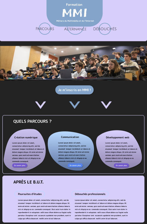 Page d'accueil du site du BUT MMI, avec une image d'illustration, un menu et les deux premières parties du contenu