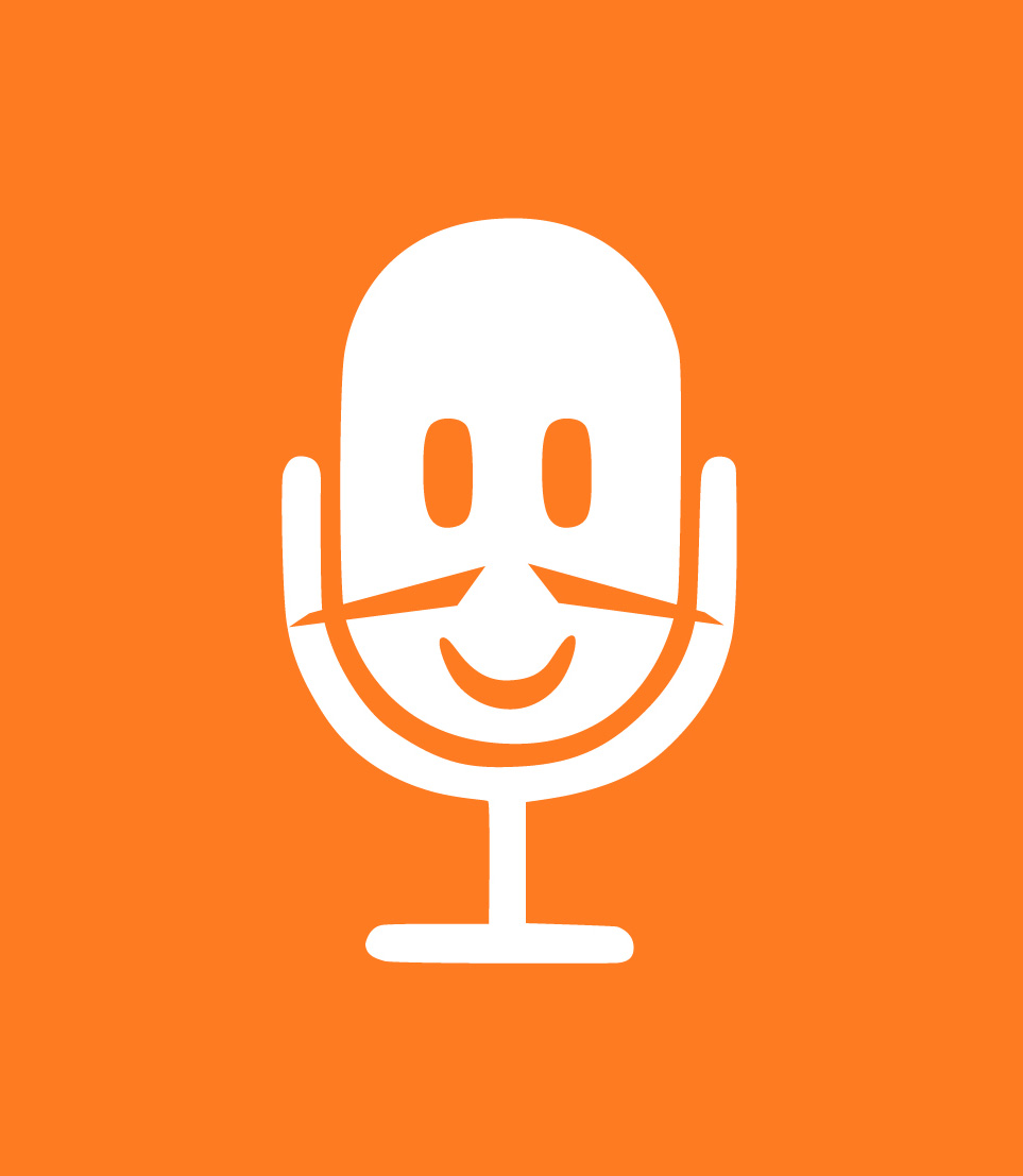 Un logo de micro avec des moustaches sur fond orange