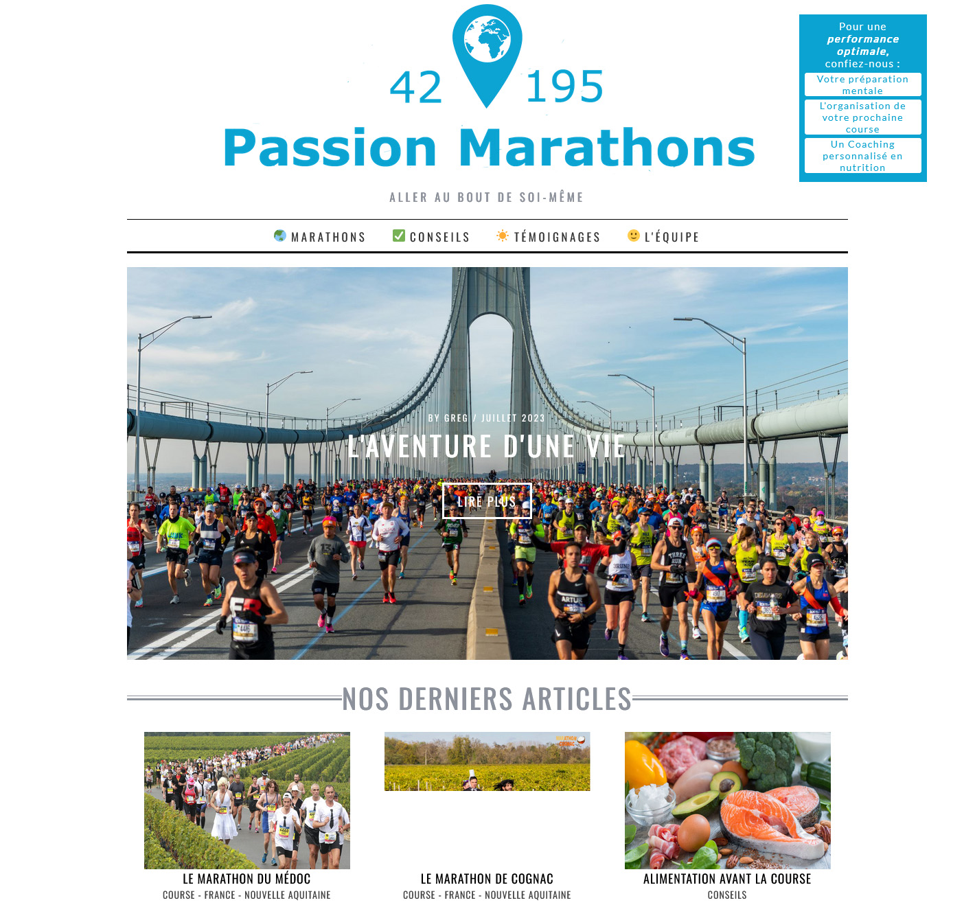 Page d'accueil du site de Passé Composé avec un menu, une image de marathon et des articles liés à la course
