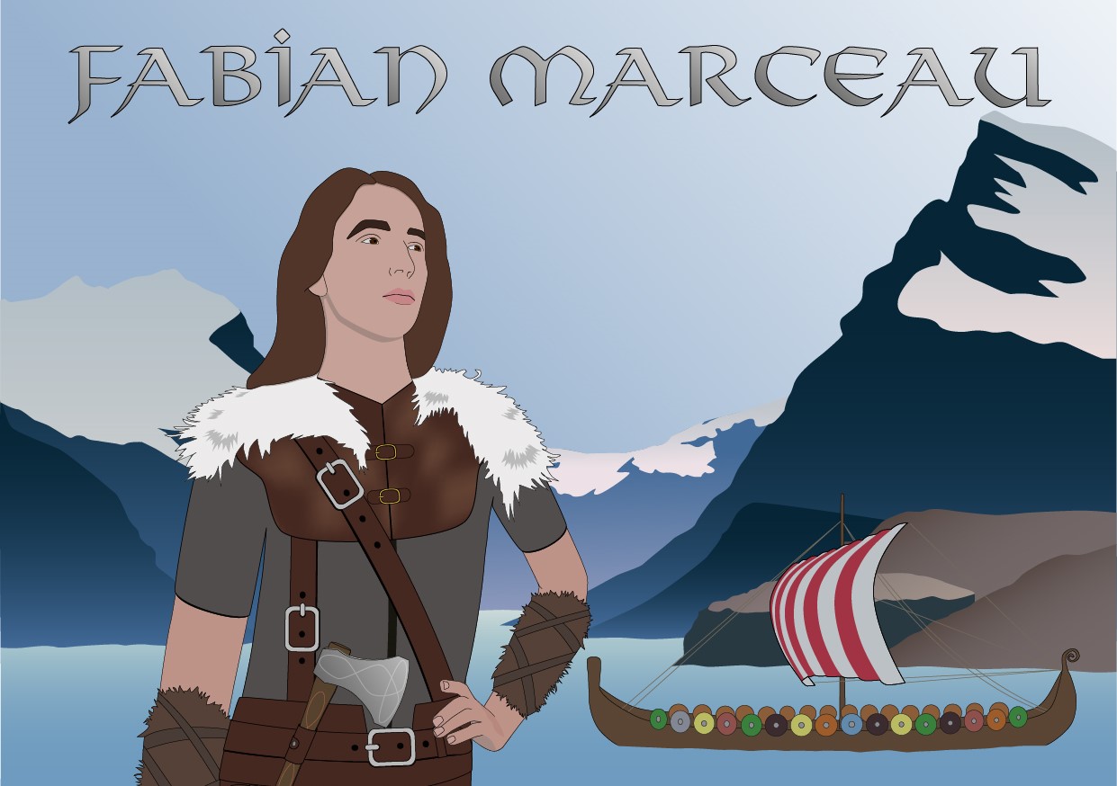 Un jeune viking sur un fond de montagnes, en flat design